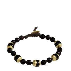 18K Gold Vintage Ebony Flower Cap Bead Bracelet on Cord