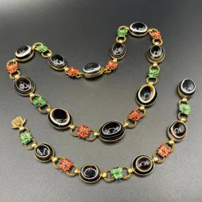 Antique Victorian bullseye banded agate onyx large oval cabochon, red and green enamel work flowers and gold necklace and bracelet set
