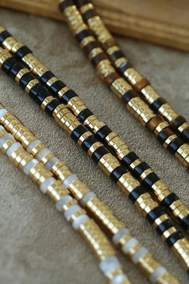 Black Agate Tiger Eye Mother of Pearls Vintage Disc Bracelet