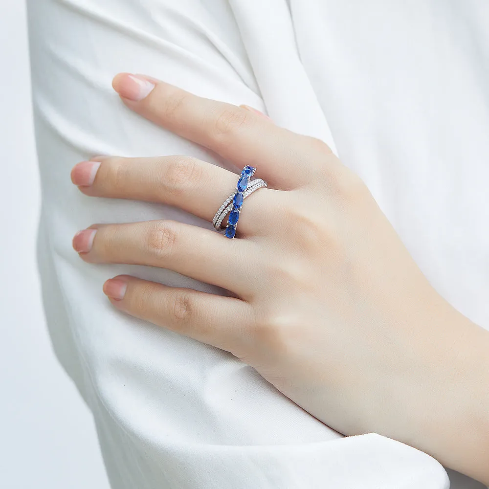 Blue Oval Zircon X-shape Silver Ring for Women