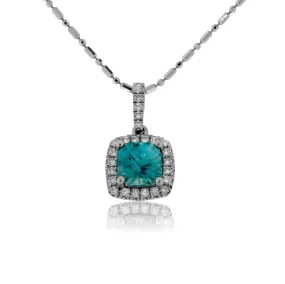 Blue Zircon with Diamond Halo Pendant
