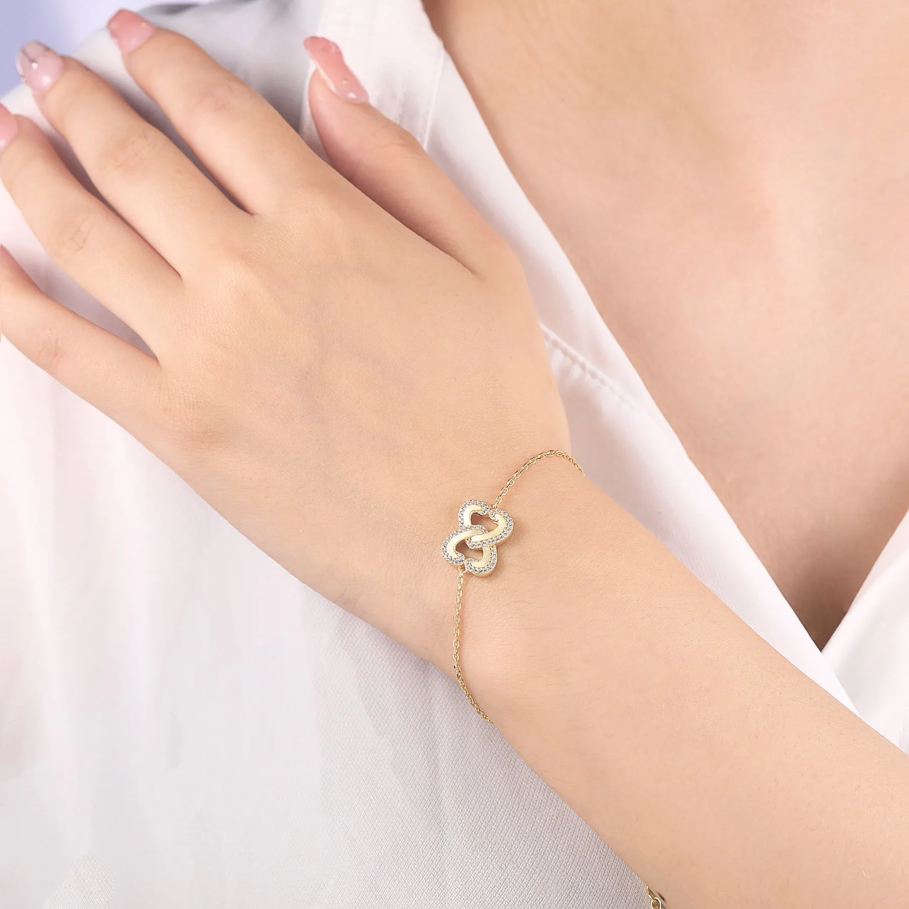 Double Gold Sandblasting Zircon Hollow Heart Shaped Sterling Silver Bracelet