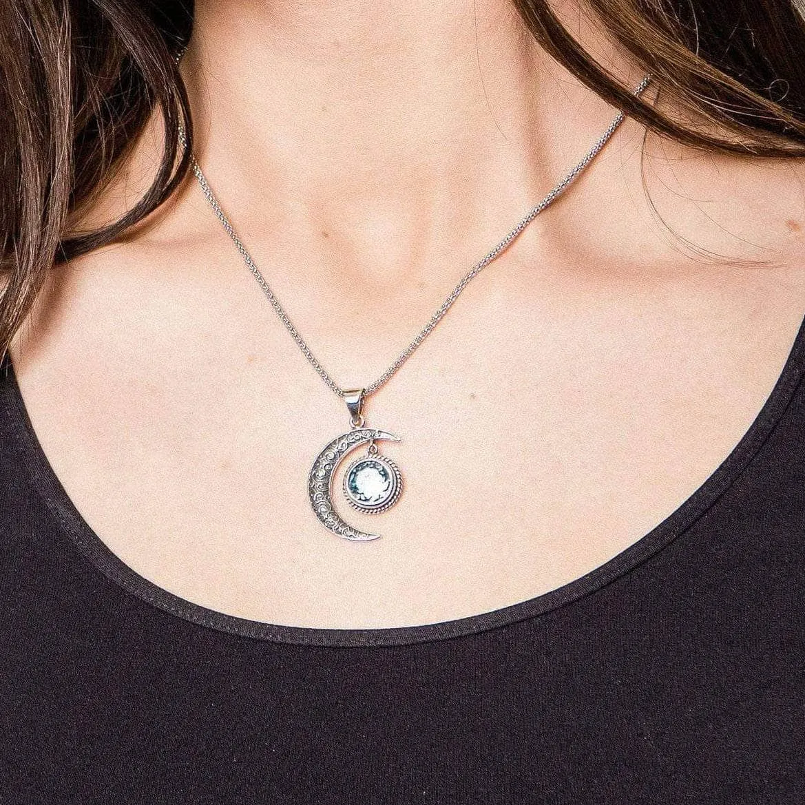 Gemstone Silver Moon Pendant Necklace by Tiny Rituals