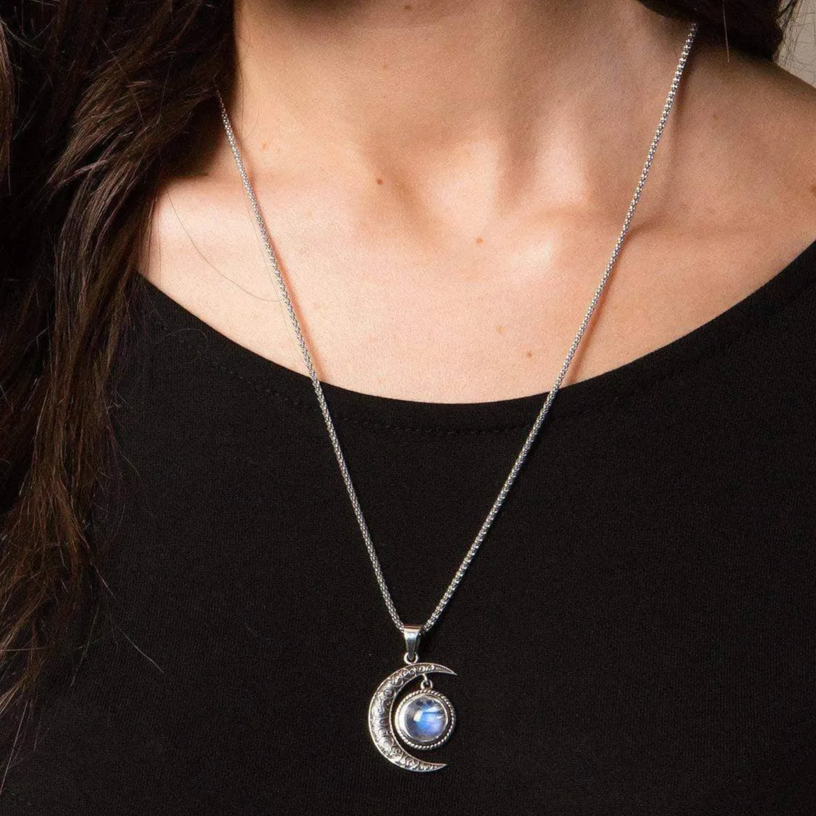 Gemstone Silver Moon Pendant Necklace by Tiny Rituals