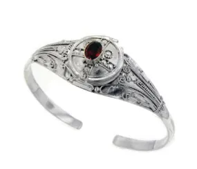 Medieval Sterling Silver Genuine Garnet Locket Box Poison Cuff Bracelet