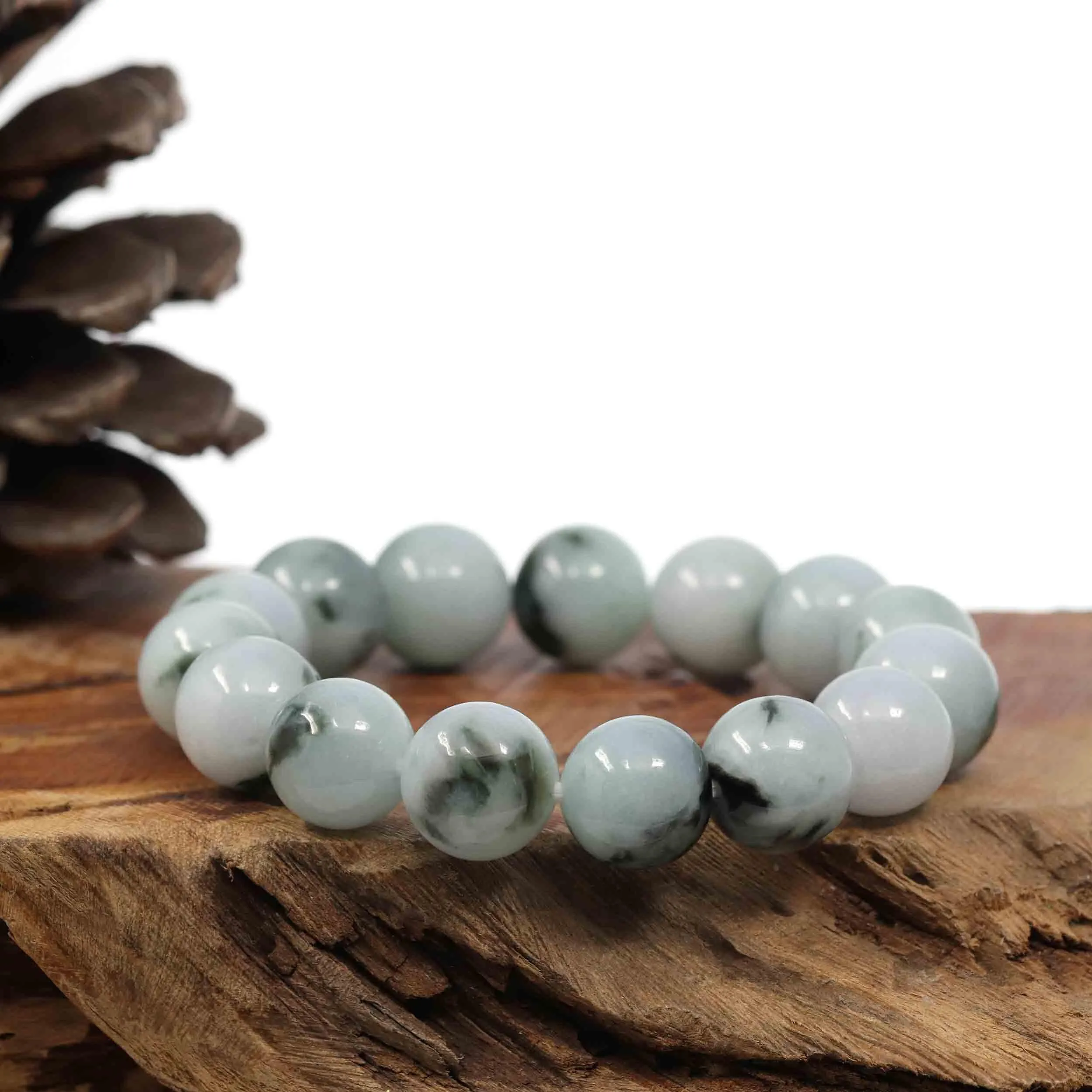 Natural Jadeite Jade Round Blue Green Large Beads Men's Bracelet (14mm)