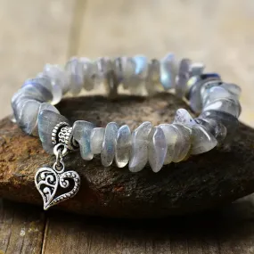 Natural Labradorite Heart Charm Stretch Gemstone Bracelet