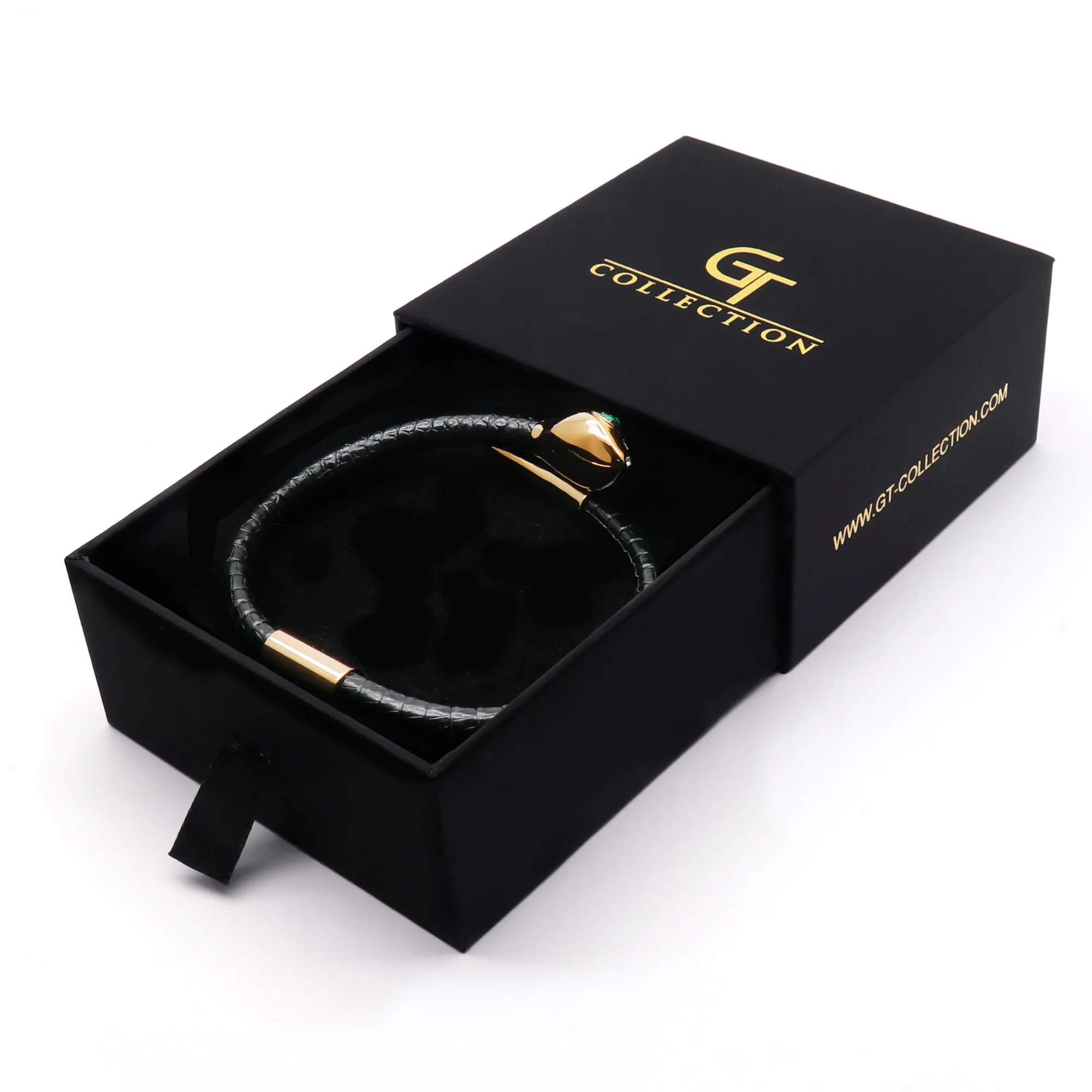 Snake Head Bracelet - Green Leather with Zircon