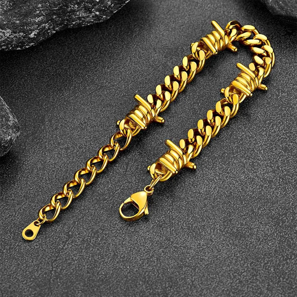Stainless Steel Barbed Wire Cuban Chain Link Bracelet for Men